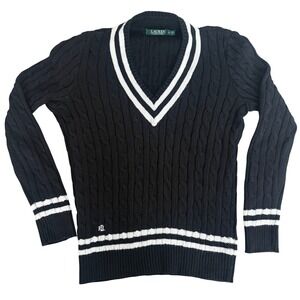 Lauren Ralph Lauren Black White Varsity Striped Cable Knit V-Neck Sweater Small